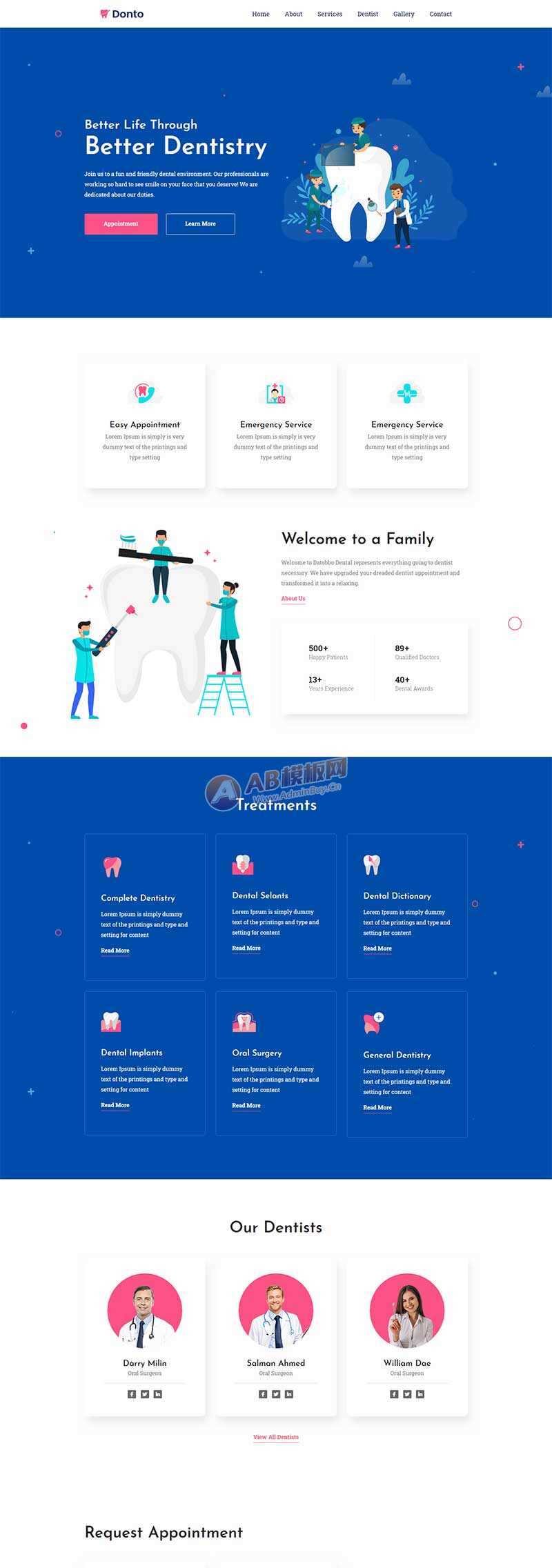 bootstrap蓝色牙科医疗诊所网站html模板 一点学习助手-零基础自学教程-副业项目-兴趣学习项目资源网