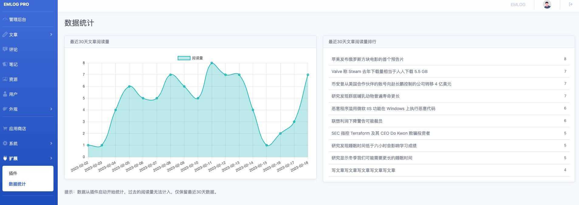 Emlog 数据统计插件 一点学习助手-零基础自学教程-副业项目-兴趣学习项目资源网
