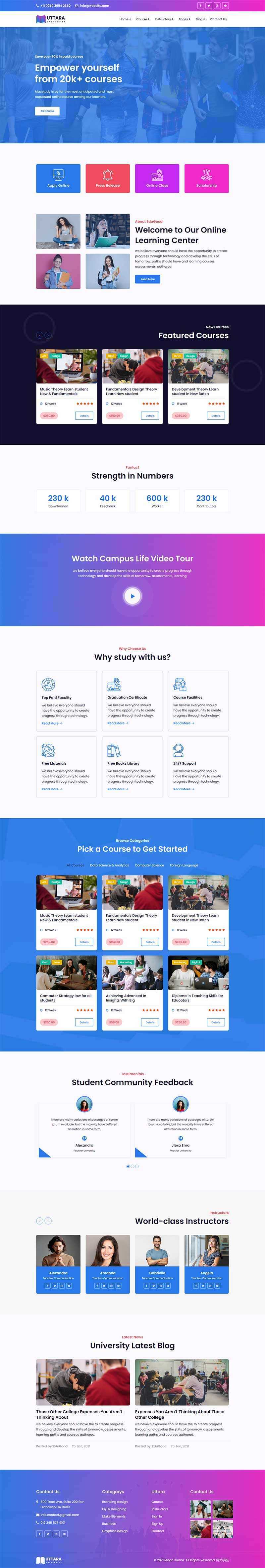 bootstrap响应式大学在线课程网站HTML模板 一点学习助手-零基础自学教程-副业项目-兴趣学习项目资源网