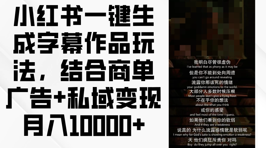 小红书一键生成字幕作品玩法，结合商单广告+私域变现月入10000+ 一点学习助手-零基础自学教程-副业项目-兴趣学习项目资源网