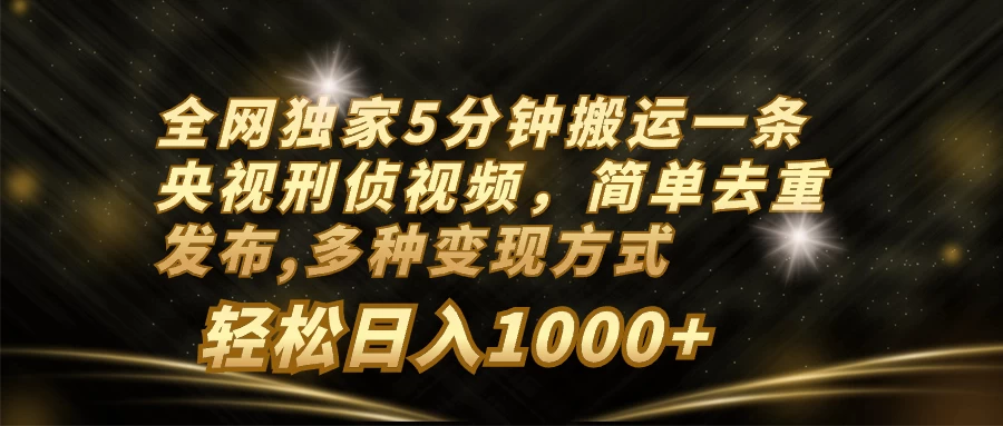 全网独家5分钟搬运一条央视刑侦视频,简单去重发布,多种变现方式,轻松日入1000+ 一点学习助手-零基础自学教程-副业项目-兴趣学习项目资源网