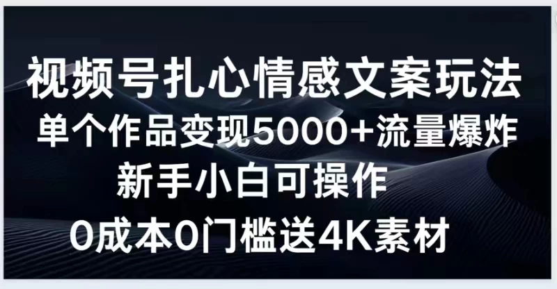 视频号扎心情感文案玩法，单个作品变现5000+，流量爆炸，两分钟一条作品，新手小白可操作，0成本0门褴送4K素材送工具 一点学习助手-零基础自学教程-副业项目-兴趣学习项目资源网