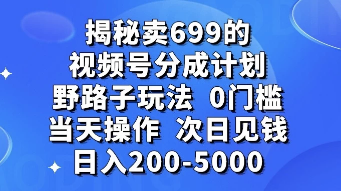 揭秘卖 699 的视频号分成计划野路子玩法，日入 200-5000，0 门槛，当天操作，次日见钱 一点学习助手-零基础自学教程-副业项目-兴趣学习项目资源网