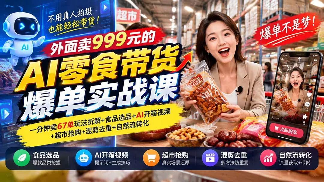 外面卖999元的AI零食带货爆单实战课｜一分钟卖67单玩法拆解+食品选品+AI开箱视频+超市抢购+混剪去重+自然流转化 一点学习助手-零基础自学教程-副业项目-兴趣学习-网盘拉新平台-英语启蒙项目资源网