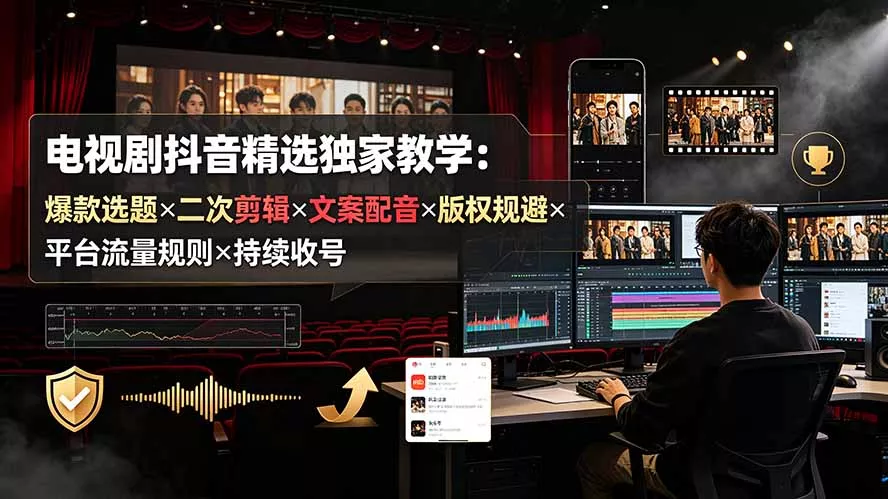 电视剧抖音精选独家教学：爆款选题×二次剪辑×文案配音×版权规避×平台流量规则×持续收益账号 一点学习助手-零基础自学教程-副业项目-兴趣学习-网盘拉新平台-英语启蒙项目资源网