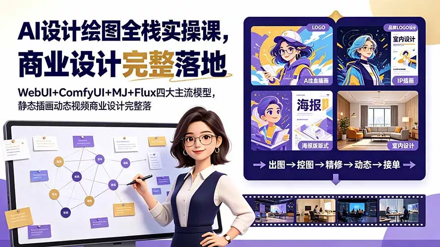 AI设计绘图全栈实操课，WebUI+ComfyUI+MJ+Flux四大主流模型，静态插画动态视频商业设计完整落地教程 一点学习助手-零基础自学教程-副业项目-兴趣学习-网盘拉新平台-英语启蒙项目资源网