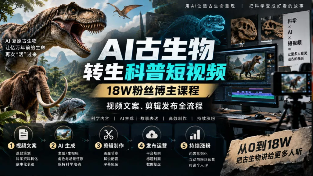 AI古生物转生科普短视频，18W粉丝博主课程，视频文案、剪辑发布全流程 一点学习助手-零基础自学教程-副业项目-兴趣学习-网盘拉新平台-英语启蒙项目资源网