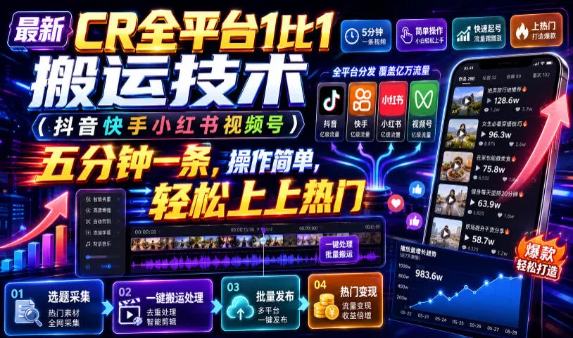最新CR全平台1比1搬运技术(抖音快手小红书视频号)五分钟分钟一条，操作简单，轻松上热门(教程+软件+参数) 一点学习助手-零基础自学教程-副业项目-兴趣学习-网盘拉新平台-英语启蒙项目资源网