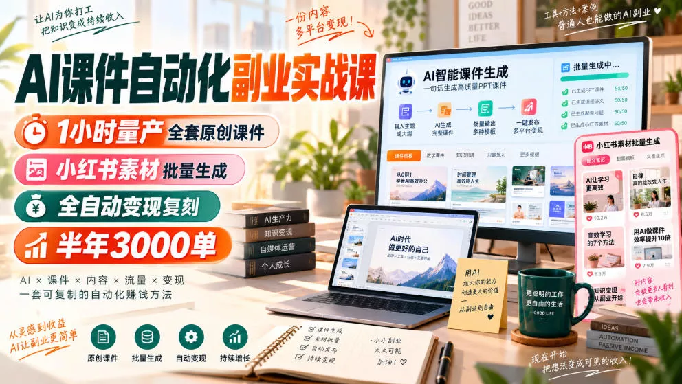 AI课件自动化副业实战课，1小时量产全套原创课件，小红书素材批量生成，全自动变现复刻，半年3000单 一点学习助手-零基础自学教程-副业项目-兴趣学习-网盘拉新平台-英语启蒙项目资源网