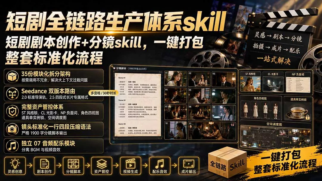 短剧全链路生产体系skill，短剧剧本创作+分镜skill，一键打包，整套标准化流程 一点学习助手-零基础自学教程-副业项目-兴趣学习-网盘拉新平台-英语启蒙项目资源网