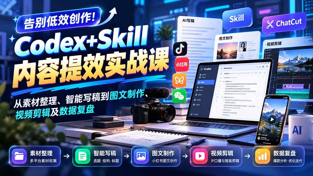 【无水印】告别低效创作！Codex+Skill内容提效实战课：从素材整理、智能写稿到图文制作、视频剪辑及数据复盘 一点学习助手-零基础自学教程-副业项目-兴趣学习-网盘拉新平台-英语启蒙项目资源网