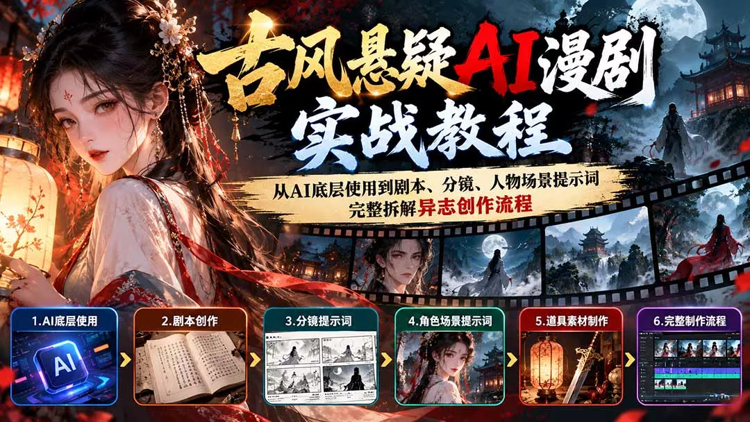 古风悬疑AI漫剧实战教程：从AI底层使用到剧本、分镜、人物场景提示词，完整拆解异志创作流程 一点学习助手-零基础自学教程-副业项目-兴趣学习-网盘拉新平台-英语启蒙项目资源网