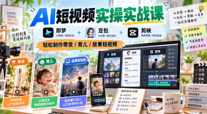AI短视频实操实战课，即梦+豆包+剪映，轻松制作带货/育儿/故事短视频 一点学习助手-零基础自学教程-副业项目-兴趣学习-网盘拉新平台-英语启蒙项目资源网