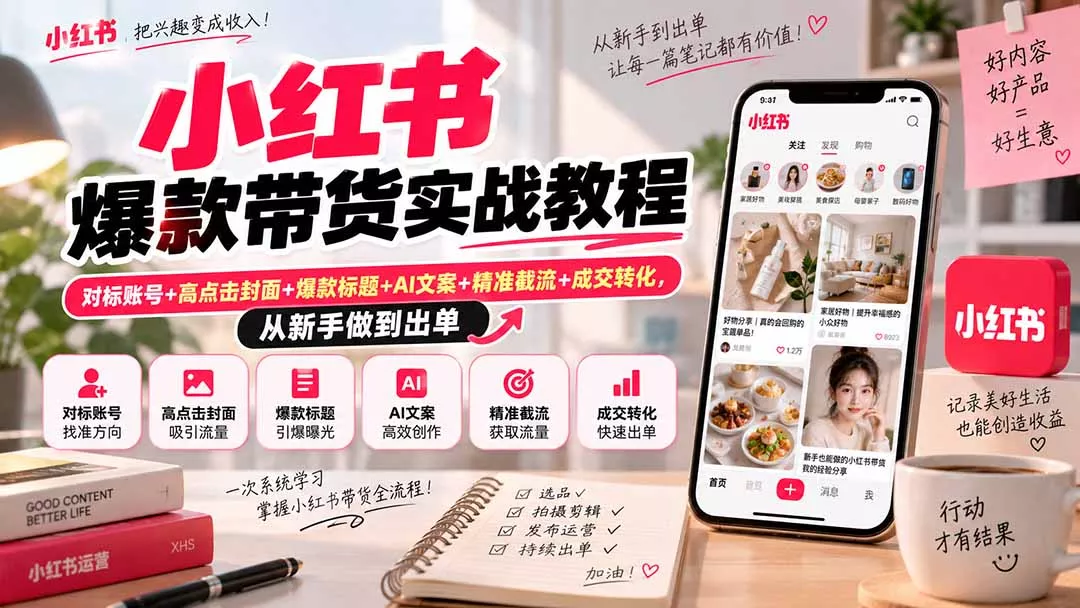 小红书爆款带货实战教程｜对标账号+高点击封面+爆款标题+AI文案+精准截流+成交转化，从新手做到出单 一点学习助手-零基础自学教程-副业项目-兴趣学习-网盘拉新平台-英语启蒙项目资源网