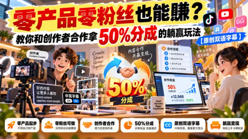 【无水印】零产品零粉丝也能賺？教你和创作者合作拿50%分成的躺赢玩法【原创双语字幕】 一点学习助手-零基础自学教程-副业项目-兴趣学习-网盘拉新平台-英语启蒙项目资源网