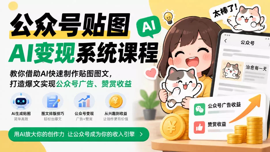 公众号贴图AI变现系统课程｜教你借助AI快速制作贴图图文，打造爆文实现公众号广告、赞赏收益 一点学习助手-零基础自学教程-副业项目-兴趣学习-网盘拉新平台-英语启蒙项目资源网