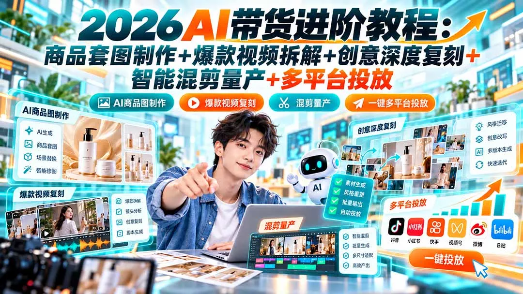 2026AI带货进阶教程：商品套图制作+爆款视频拆解+创意深度复刻+智能混剪量产+多平台投放 一点学习助手-零基础自学教程-副业项目-兴趣学习-网盘拉新平台-英语启蒙项目资源网