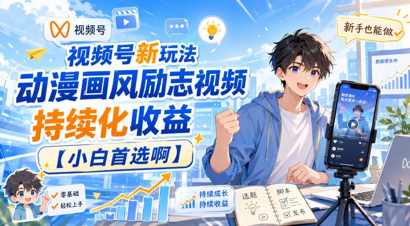 视频号新玩法动漫画风励志视频，持续化收益【小白首选啊】 一点学习助手-零基础自学教程-副业项目-兴趣学习-网盘拉新平台-英语启蒙项目资源网