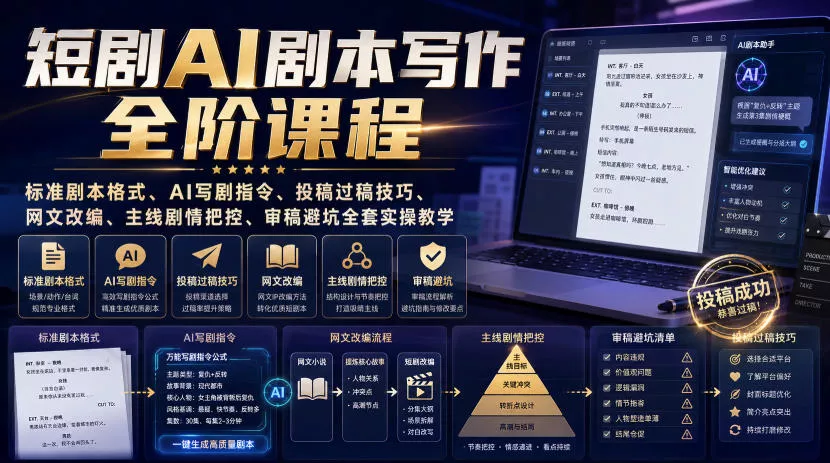短剧AI剧本写作全阶课程｜标准剧本格式、AI写剧指令、投稿过稿技巧、网文改编、主线剧情把控、审稿避坑全套实操教学 一点学习助手-零基础自学教程-副业项目-兴趣学习-网盘拉新平台-英语启蒙项目资源网