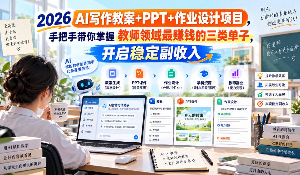 2026 AI写作教案+PPT+作业设计项目，手把手带你掌握教师领域最賺钱的三类单子，开启稳定副收入 一点学习助手-零基础自学教程-副业项目-兴趣学习-网盘拉新平台-英语启蒙项目资源网