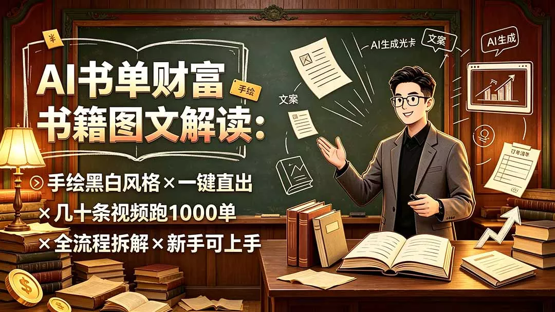 AI书单财富书籍图文解读：手绘黑白风格×一键直出×几十条视频跑1000单×全流程拆解×新手可上手 一点学习助手-零基础自学教程-副业项目-兴趣学习-网盘拉新平台-英语启蒙项目资源网