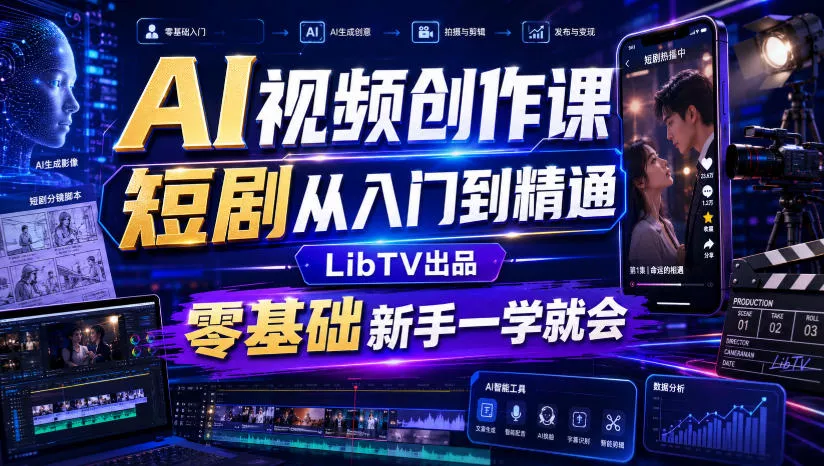 AI视频创作课，短剧从入门到精通，LibTV出品，零基础新手一学就会 一点学习助手-零基础自学教程-副业项目-兴趣学习-网盘拉新平台-英语启蒙项目资源网