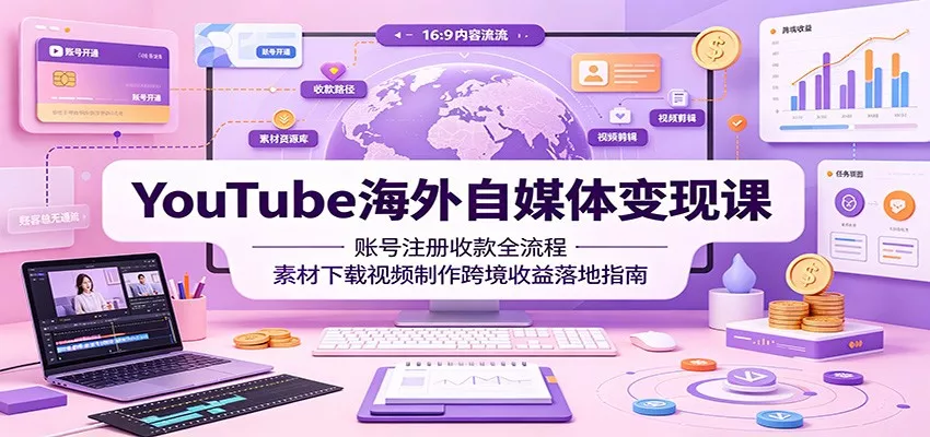 YouTube海外自媒体变现课：账号注册收款全流程，素材下载视频制作跨境收益落地指南 一点学习助手-零基础自学教程-副业项目-兴趣学习-网盘拉新平台-英语启蒙项目资源网