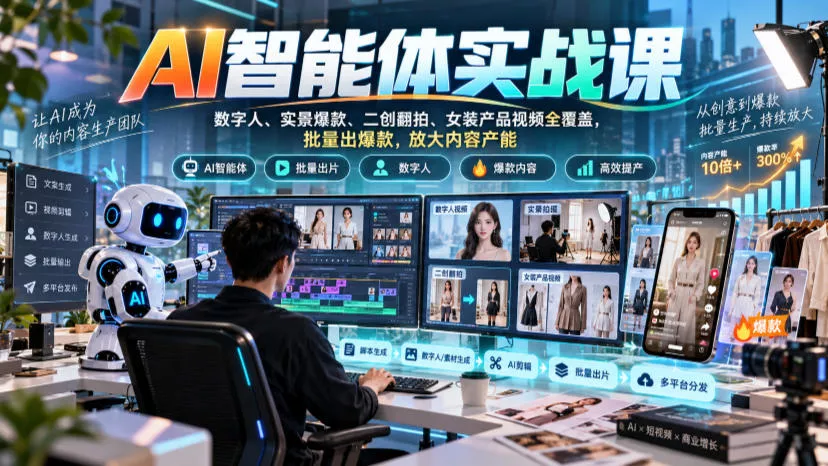 AI智能体实战课，数字人、实景爆款、二创翻拍、女装产品视频全覆盖，批量出爆款，放大内容产能 一点学习助手-零基础自学教程-副业项目-兴趣学习-网盘拉新平台-英语启蒙项目资源网