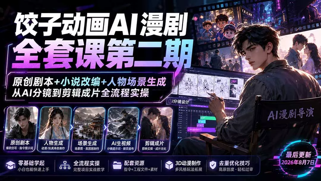 饺子动画AI漫剧全套课第二期：原创剧本+小说改编+人物场景生成，从AI分镜到剪辑成片全流程实操 一点学习助手-零基础自学教程-副业项目-兴趣学习-网盘拉新平台-英语启蒙项目资源网