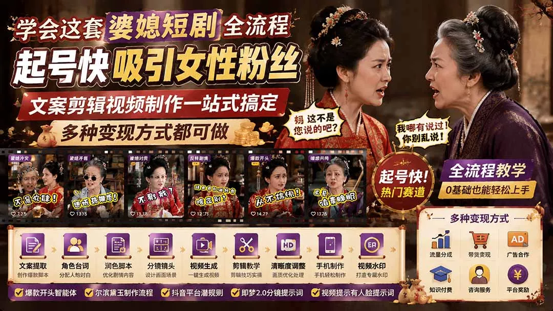 学会这套婆媳短剧全流程：起号快吸引女性粉丝，文案剪辑视频制作一站式搞定，多种变现方式都可做 一点学习助手-零基础自学教程-副业项目-兴趣学习-网盘拉新平台-英语启蒙项目资源网