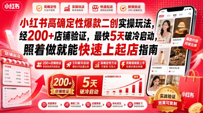 小红书高确定性爆款二创实操玩法，经200+店铺验证，最快5天破冷启动，照着做就能快速上起店指南 一点学习助手-零基础自学教程-副业项目-兴趣学习-网盘拉新平台-英语启蒙项目资源网