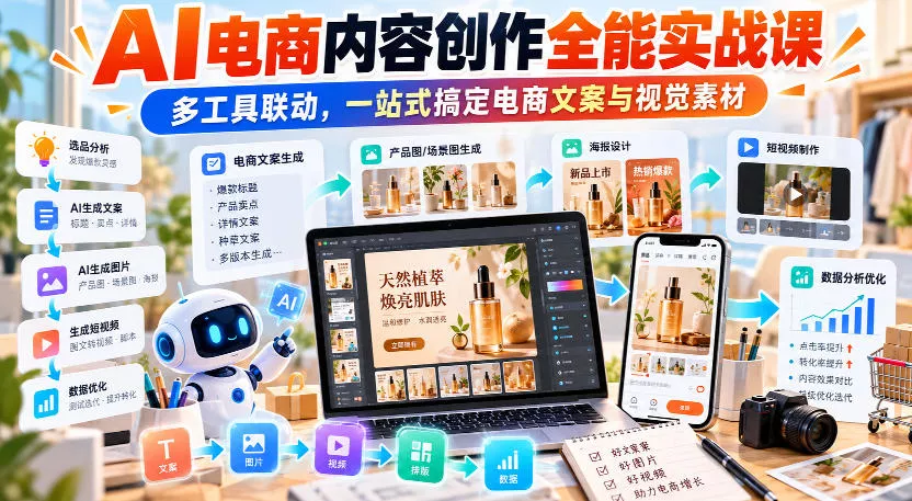 【无水印】AI电商内容创作全能实战课｜多工具联动，一站式搞定电商文案与视觉素材 一点学习助手-零基础自学教程-副业项目-兴趣学习-网盘拉新平台-英语启蒙项目资源网