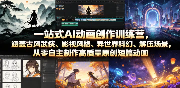 一站式AI动画创作训练营，涵盖古风武侠、影视风格、异世界科幻、解压场景，从零自主制作高质量原创短篇动画(更新) 一点学习助手-零基础自学教程-副业项目-兴趣学习-网盘拉新平台-英语启蒙项目资源网