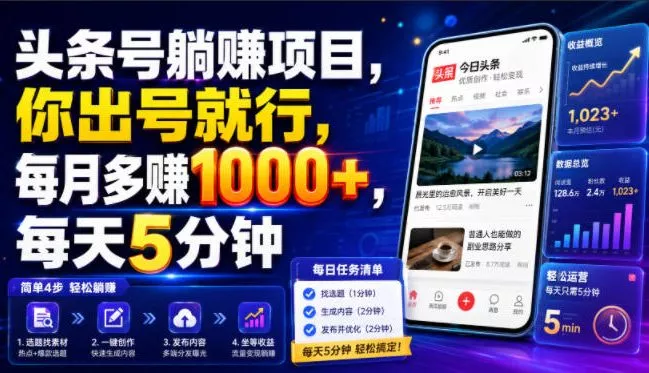 头条号躺賺项目，你出号就行，每月多賺1000+，每天5分钟，坐等分米【揭秘】 一点学习助手-零基础自学教程-副业项目-兴趣学习-网盘拉新平台-英语启蒙项目资源网