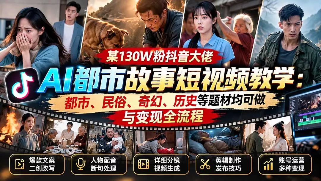 某130W粉抖音大佬AI都市故事短视频教学：都市、民俗、奇幻、历史等题材均可做与变现全流程 一点学习助手-零基础自学教程-副业项目-兴趣学习-网盘拉新平台-英语启蒙项目资源网