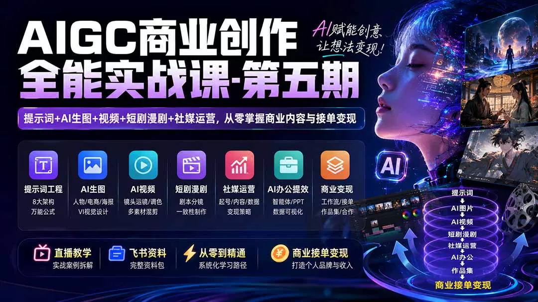 AIGC商业创作全能实战课-第五期：提示词+AI生图+视频+短剧漫剧+社媒运营，从零掌握商业内容与接单变现 一点学习助手-零基础自学教程-副业项目-兴趣学习-网盘拉新平台-英语启蒙项目资源网
