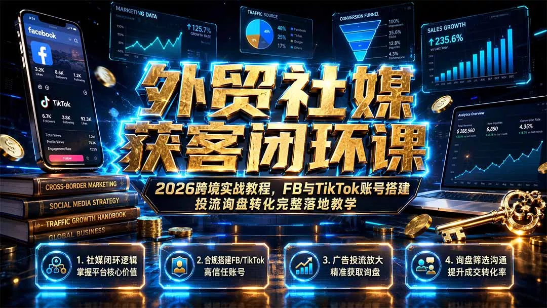 外贸社媒获客闭环课｜2026跨境实战教程，FB与TikTok账号搭建投流询盘转化完整落地教学 一点学习助手-零基础自学教程-副业项目-兴趣学习-网盘拉新平台-英语启蒙项目资源网