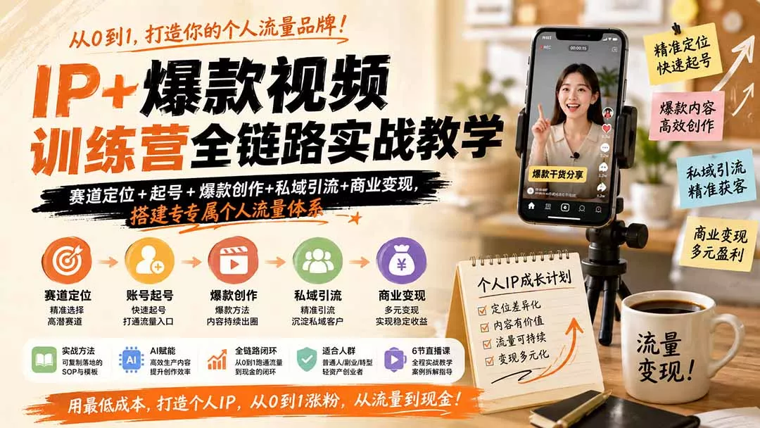 IP+爆款视频训练营全链路实战教学；赛道定位+起号+爆款创作+私域引流+商业变现，搭建专属个人流量体系 一点学习助手-零基础自学教程-副业项目-兴趣学习-网盘拉新平台-英语启蒙项目资源网