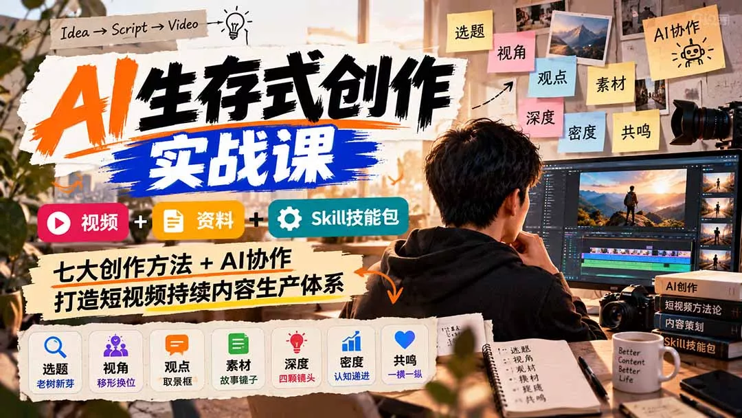 AI生存式创作实战课：视频+资料+Skill技能包，七大创作方法+AI协作，打造短视频持续内容生产体系 一点学习助手-零基础自学教程-副业项目-兴趣学习-网盘拉新平台-英语启蒙项目资源网