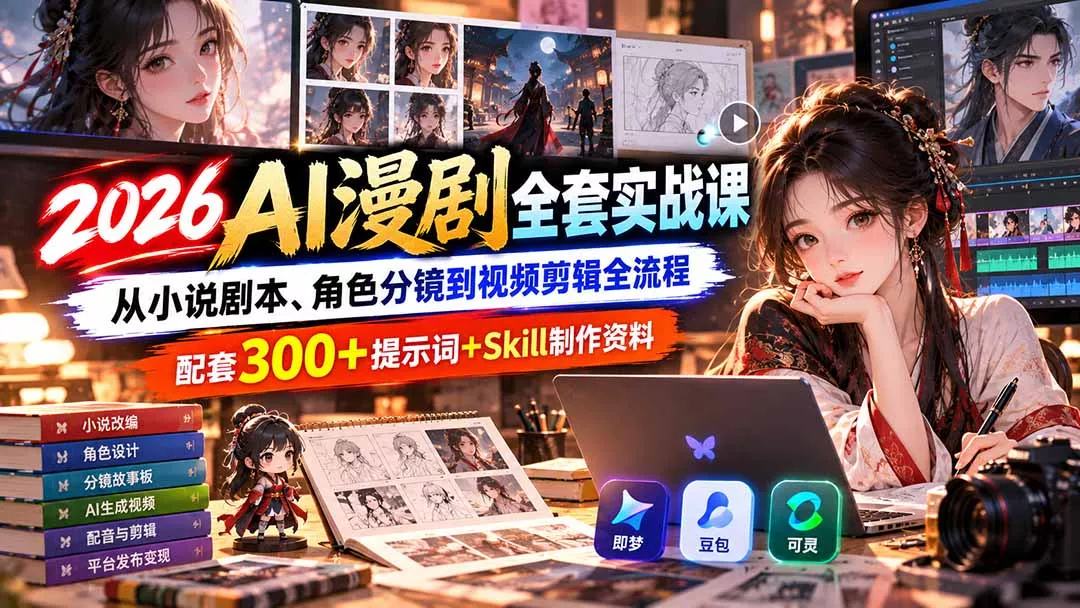 【无水印】2026AI漫剧全套实战课：从小说剧本、角色分镜到视频剪辑全流程，配套300+提示词+Skill制作资料 一点学习助手-零基础自学教程-副业项目-兴趣学习-网盘拉新平台-英语启蒙项目资源网