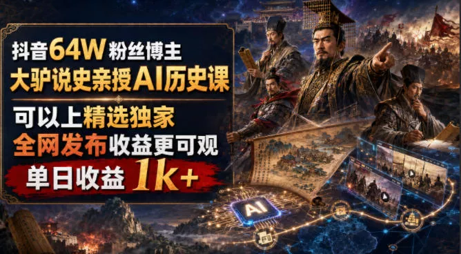 抖音64W粉丝博主大驴说史亲授AI历史课，可以上精选独家，全网发布收益更可观，单日收益1k+(更新) 一点学习助手-零基础自学教程-副业项目-兴趣学习-网盘拉新平台-英语启蒙项目资源网