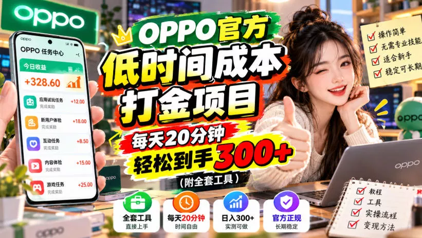OPPO官方低时间成本打金项目，每天20分钟，轻松到手300+(附全套工具)【揭秘】 一点学习助手-零基础自学教程-副业项目-兴趣学习-网盘拉新平台-英语启蒙项目资源网