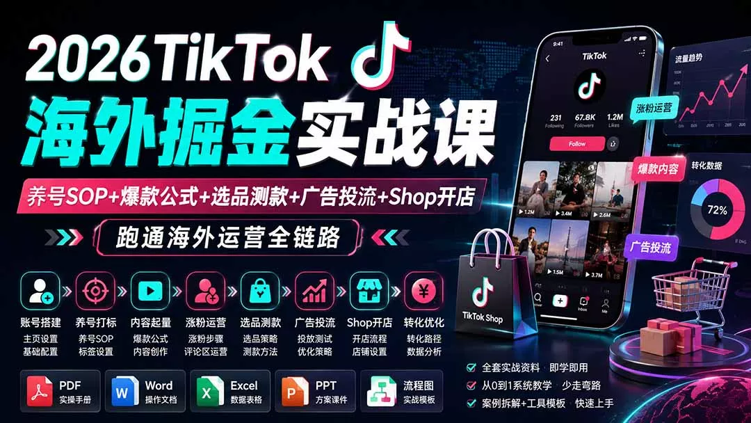 2026TikTok海外掘金实战课——养号SOP+爆款公式+选品测款+广告投流+Shop开店，跑通海外运营全链路 一点学习助手-零基础自学教程-副业项目-兴趣学习-网盘拉新平台-英语启蒙项目资源网