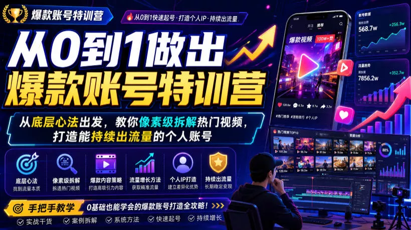 从0到1做出爆款账号特训营，从底层心法出发，教你像素级拆解热门视频，打造能持续出流量的个人账号 一点学习助手-零基础自学教程-副业项目-兴趣学习-网盘拉新平台-英语启蒙项目资源网