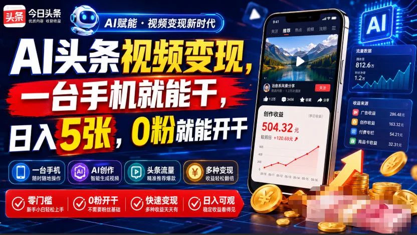 AI头条视频变现，一台手机就能干，日入5张，0粉就能开干 一点学习助手-零基础自学教程-副业项目-兴趣学习-网盘拉新平台-英语启蒙项目资源网