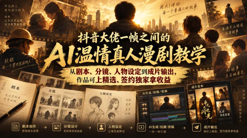 抖音大佬一帧之间的AI温情真人漫剧教学，从剧本、分镜、人物设定到成片输出，作品可上精选、签约独家拿收益 一点学习助手-零基础自学教程-副业项目-兴趣学习-网盘拉新平台-英语启蒙项目资源网