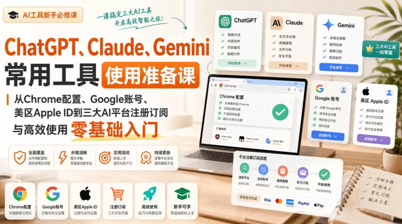 ChatGPT、Claude、Gemini常用工具使用准备课｜从Chrome配置、Google账号、美区Apple ID到三大AI平台注册订阅与高效使用零基础入门 一点学习助手-零基础自学教程-副业项目-兴趣学习-网盘拉新平台-英语启蒙项目资源网