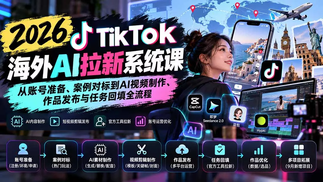 【无水印】2026 TikTok海外AI拉新系统课：从账号准备、案例对标到AI视频制作、作品发布与任务回填全流程 一点学习助手-零基础自学教程-副业项目-兴趣学习-网盘拉新平台-英语启蒙项目资源网