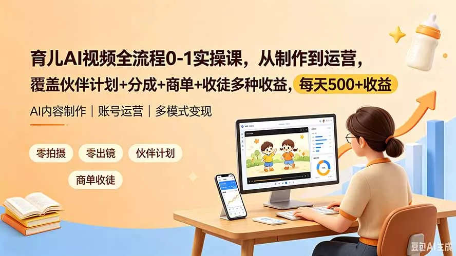 育儿AI视频全流程0-1实操课，从制作到运营，覆盖伙伴计划+分成+商单+收徒多种收益，每天500+收益 一点学习助手-零基础自学教程-副业项目-兴趣学习-网盘拉新平台-英语启蒙项目资源网