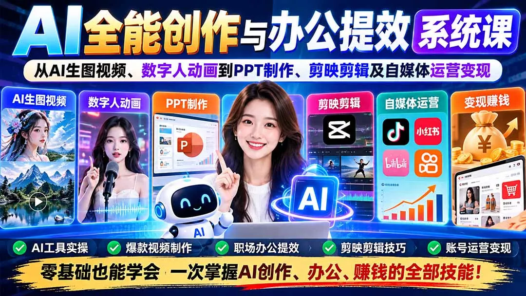 AI全能创作与办公提效系统课：从AI生图视频、数字人动画到PPT制作、剪映剪辑及自媒体运营变现 一点学习助手-零基础自学教程-副业项目-兴趣学习-网盘拉新平台-英语启蒙项目资源网